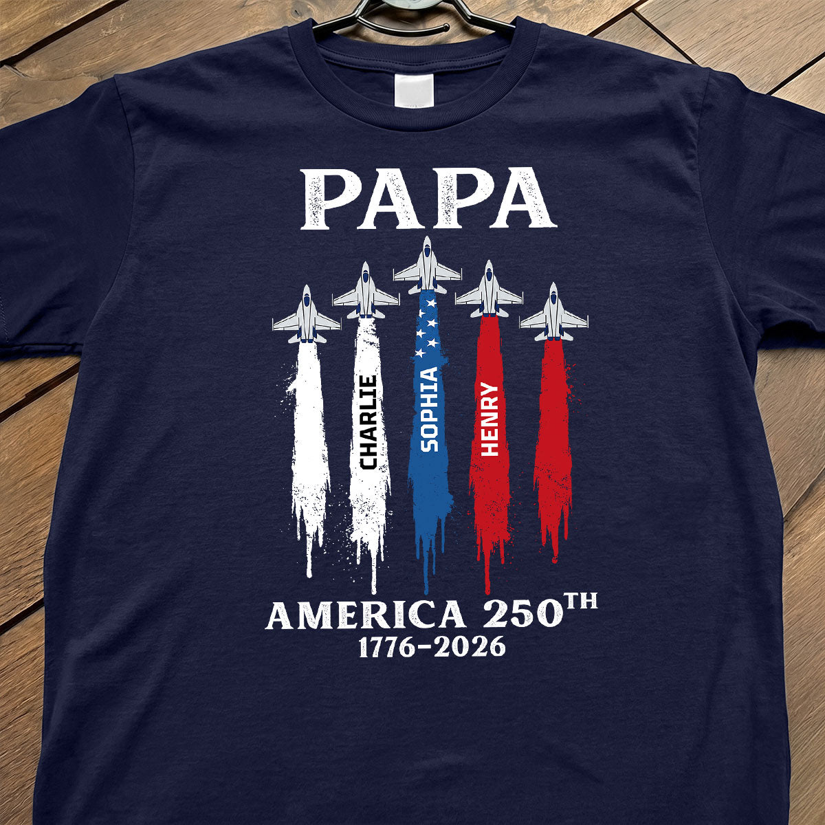 Grandpa Dad Patriotic Jet Fighter Custom Kids Names - Personalized Shirt - Father's Day Gift, America 250th Anniversary, 1776 - 2026