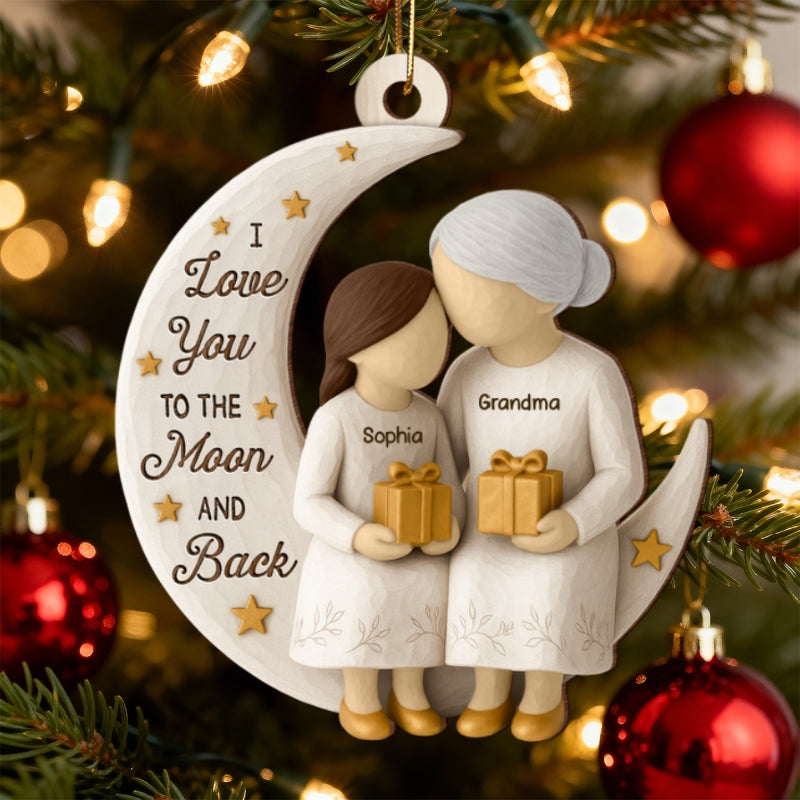 3D Effect Golden Star Grandma Grandkid On Moon - Personalized Wooden Ornament - Gift For Granddaughter, Grandson