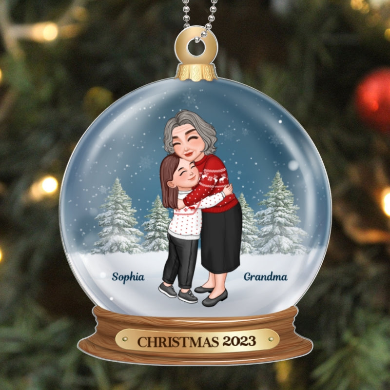 Grandma Hugging Grandkid In Snow Globe Personalized Acrylic Ornament