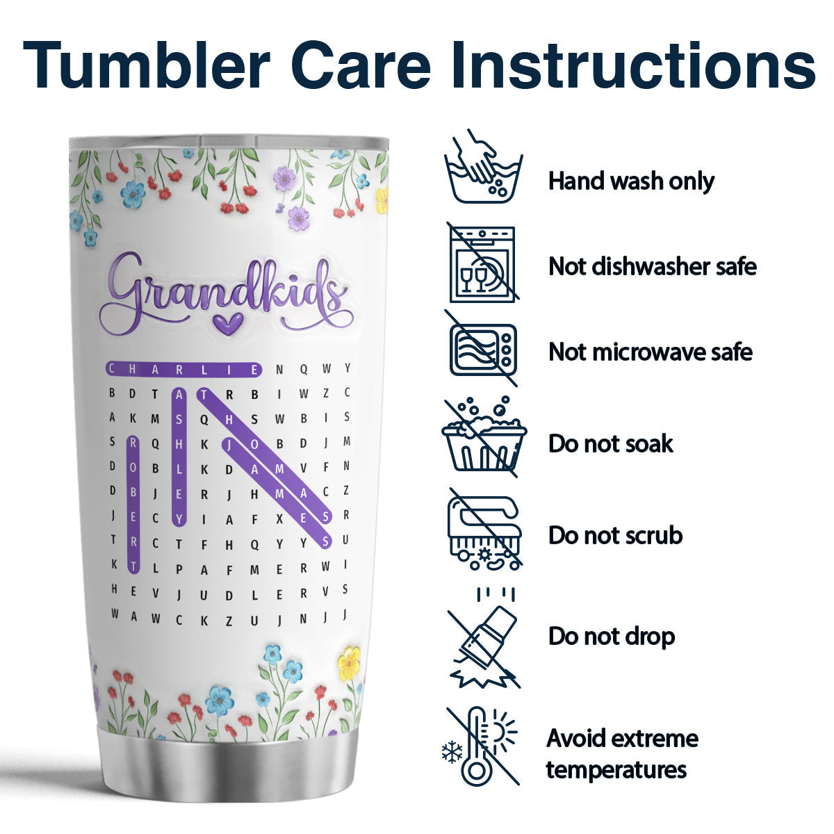 Grandma Grandkids Names Word Search Puzzle - Personalized Tumbler - Mother's Day Gift for Grandma, Mom