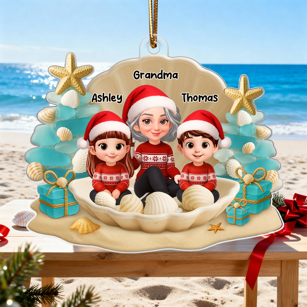 Grandma Grandkids 3D Beach-Inspired Sea Glass - Personalized Acrylic Ornament - Christmas Gift for Grandkids, Grandma