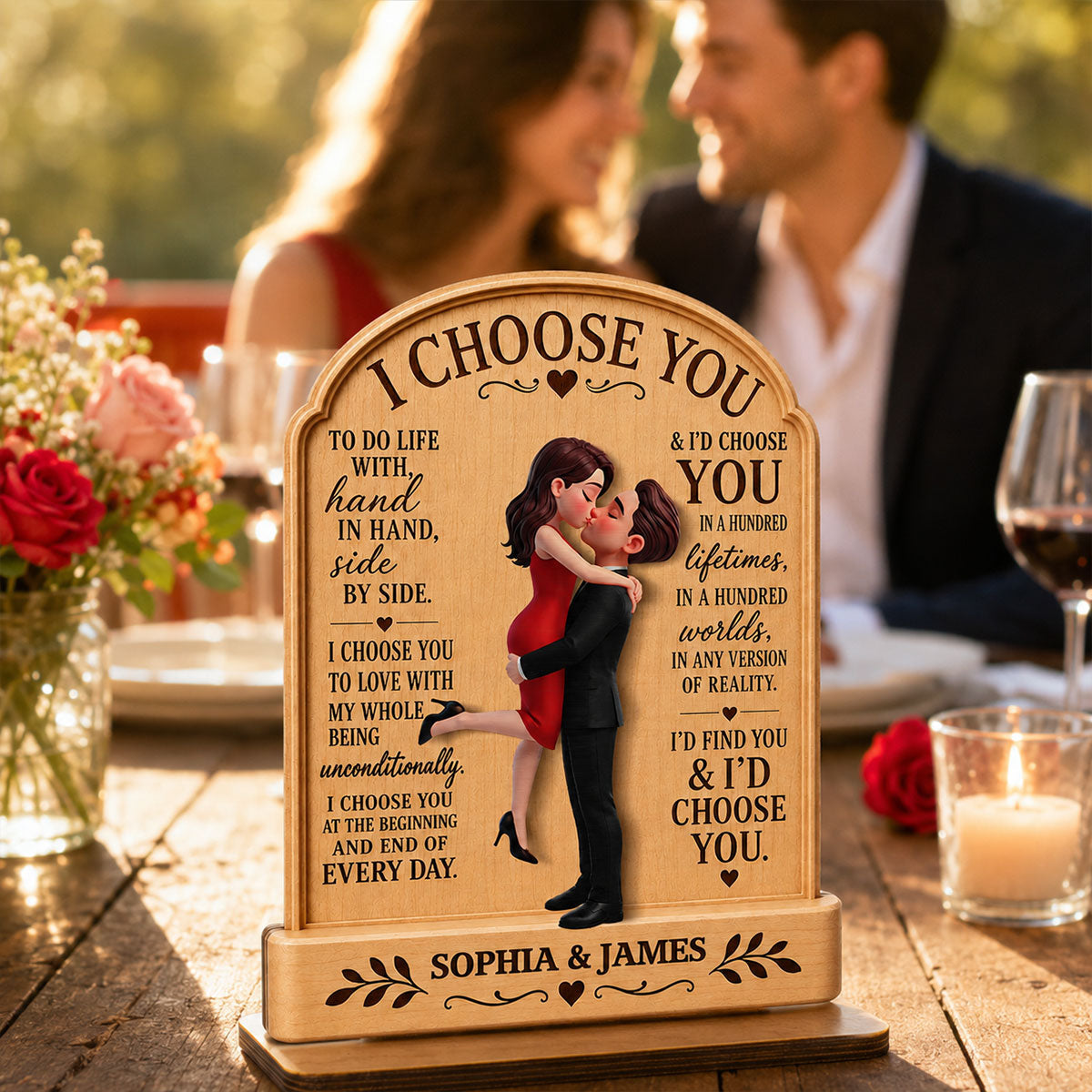 I Choose You Couple Couple Hugging Kissing 2D Flat - Personalized 2-Layered Wooden Plaque - Anniversary Gift Keepsake For Couples