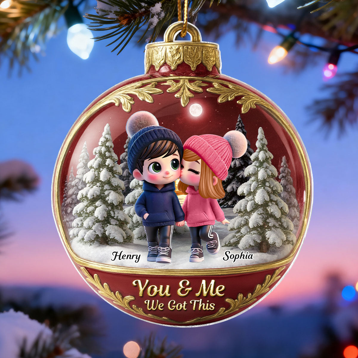 3D Effect Snow Globe Cartoon Couple - Personalized Acrylic Ornament - Christmas Gift for him, Gift for her