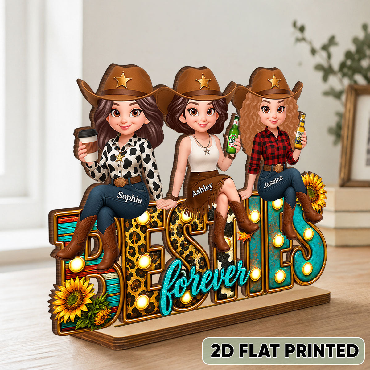 Western Besties Leopard Checkered - Personalized 2-Layered Wooden Plaque - Gift for Best Friends