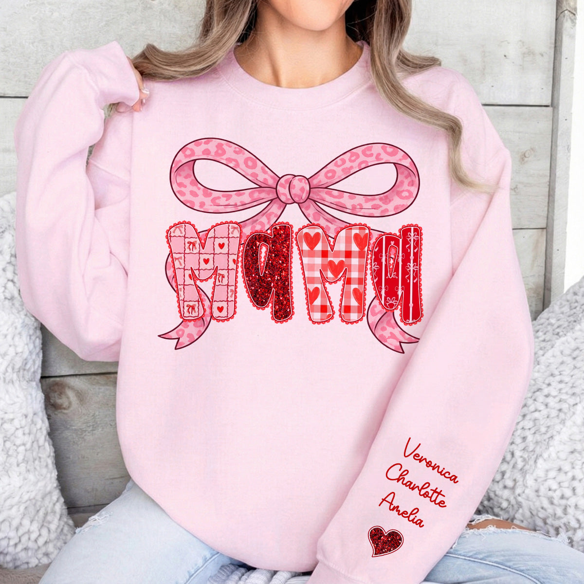 Preppy Valentine Pattern Grandma Mom Nana With Kids Name - Personalized Sleeve Printed Sweatshirt - Valentine's Day Gift For Grandma