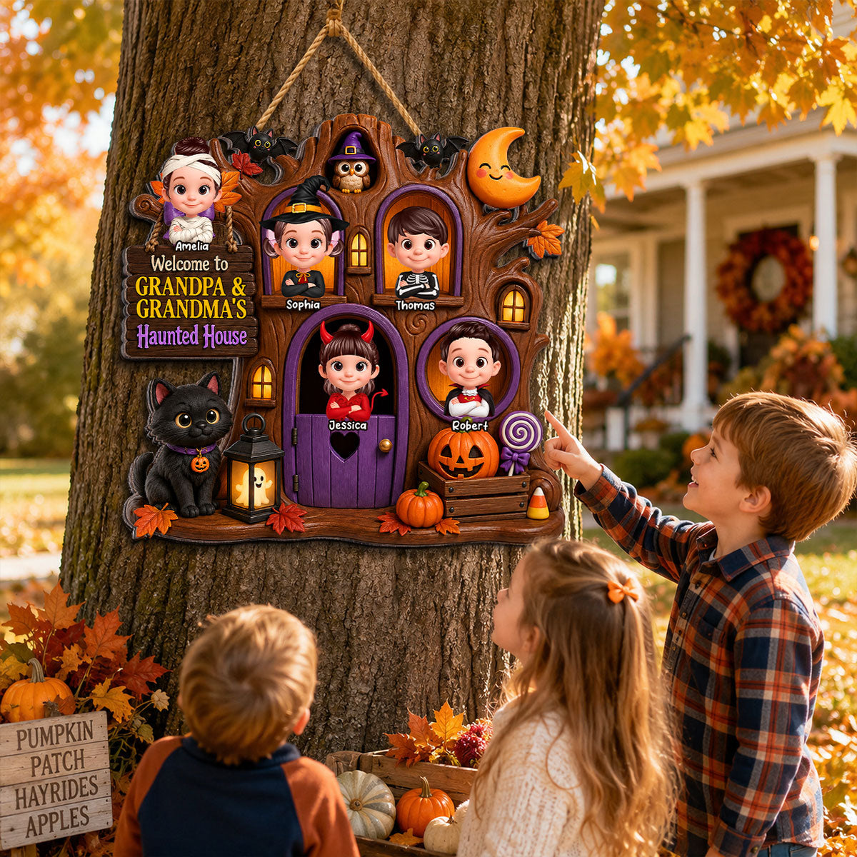 Cute Kids Welcome To Grandma Grandpa Haunted House - Personalized Wood Sign - Halloween Decoration For Grandparents