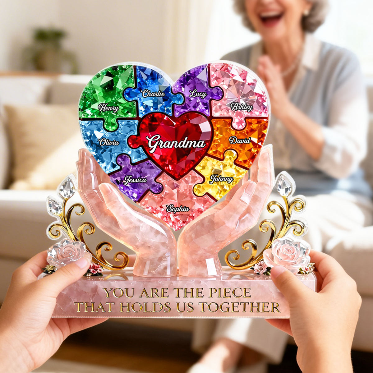 Precious Puzzle Heart Grandma - Personalized Acrylic Block Plaque - Heartfelt Gift For Grandma