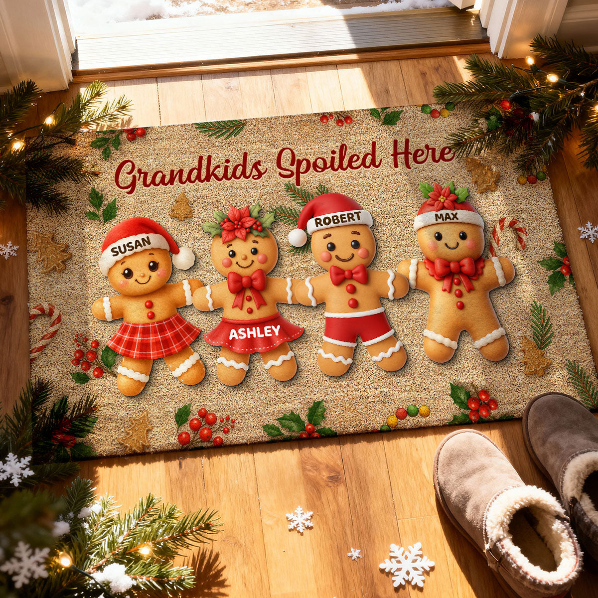 Gingerbread Grandparents and Grandkids - Personalized Doormat - Christmas Gift for Family