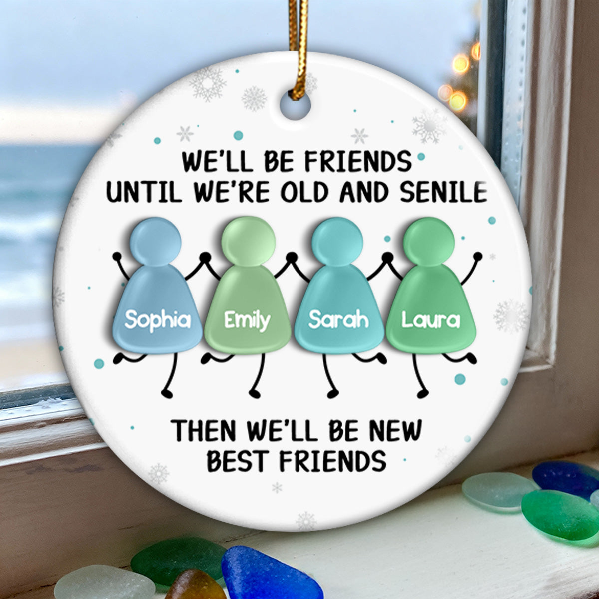 3D Sea Glass Effect Christmas Happy Besties - Personalized Ceramic Ornament With Acrylic Pieces