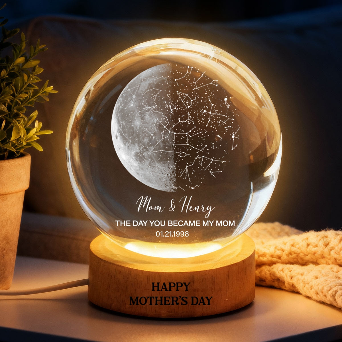 Custom Moon Phase & Star Map by Date Engraved Wooden Base - Personalized Crystal Ball LED Night Light - Heartfelt Gift for Mom