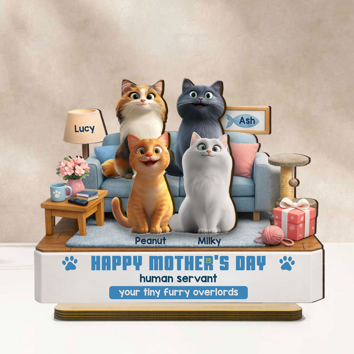 Happy Mother's Day Human Servant - Personalized 2-Layered Wooden Plaque - Funny Gift for Cat Moms
