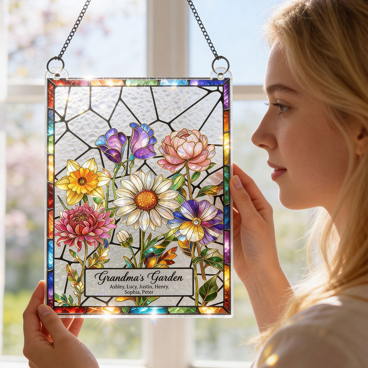 Custom Birth Flowers Art Grandma Garden - Personalized Suncatcher - Sentimental Mother's Day Gift for Grandma, Mom, Wife