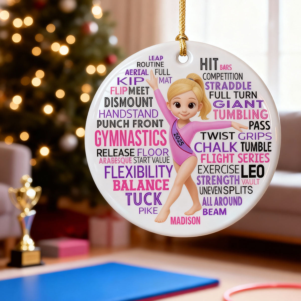 Typography Art Gymnastic Girl - Personalized Ceramic Ornament - Gymnast Gift For Daughter, Granddaughter