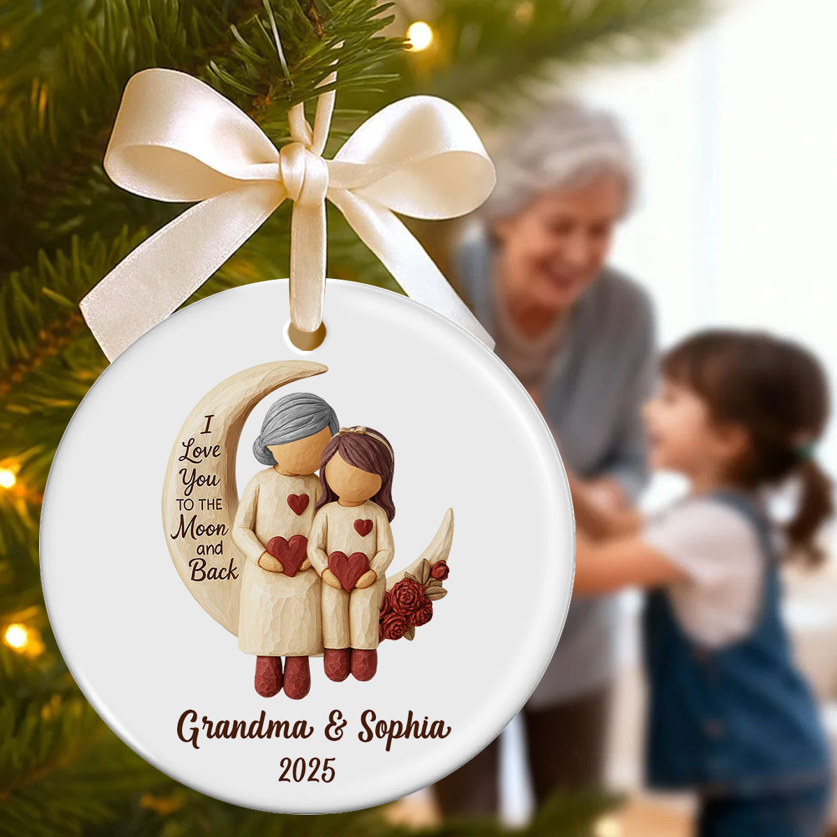 Grandma Grandpa Love You to the Moon & Back - Personalized Ceramic Ornament - Christmas Gift for Grandparents, Granchildren