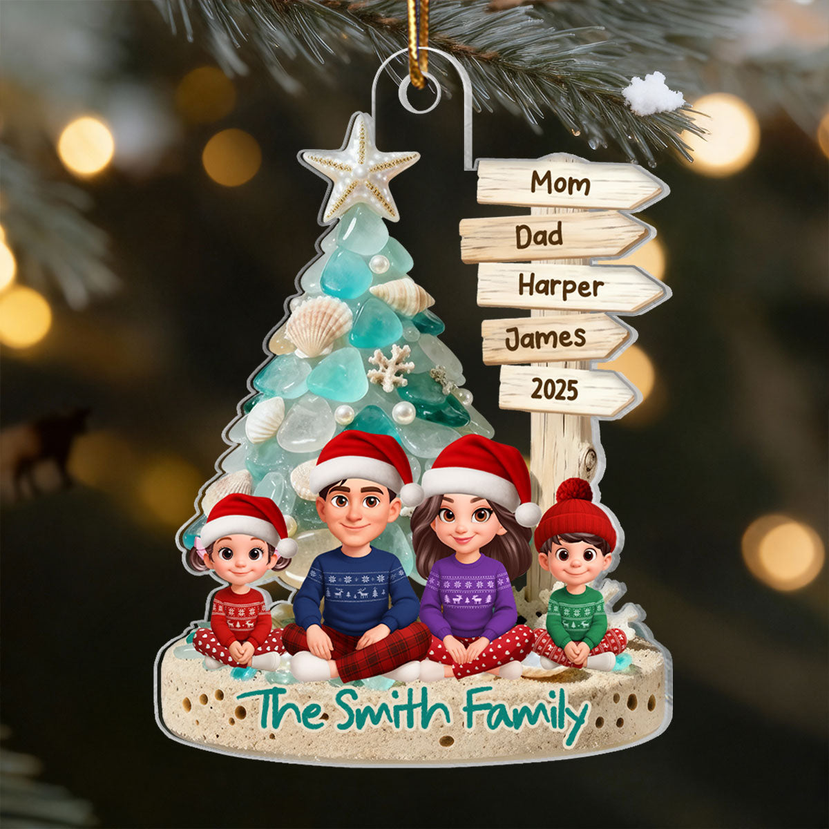 3D Sea Glass Effect Christmas Tree Sign Posts Family Together - Personalized Acrylic Ornament - Coastal Vibe Christmas Gift