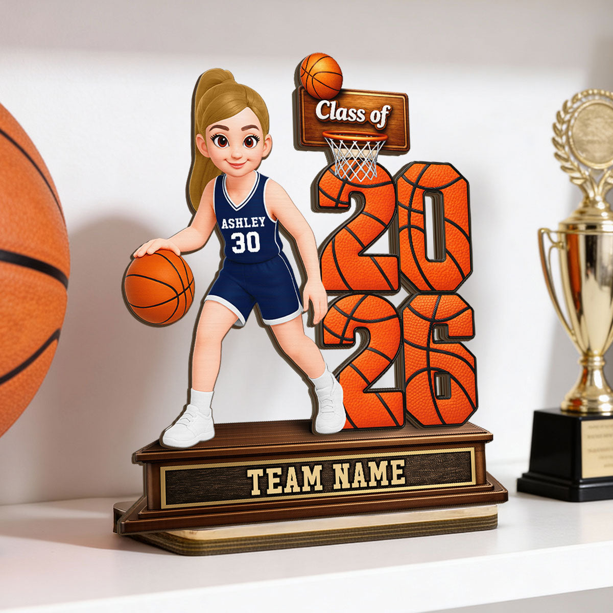 Basketball Senior Playing On Court Class Of 2026 2027 - Personalized 2-Layered Wooden Plaque - Graduation Gift For Son, Daughter