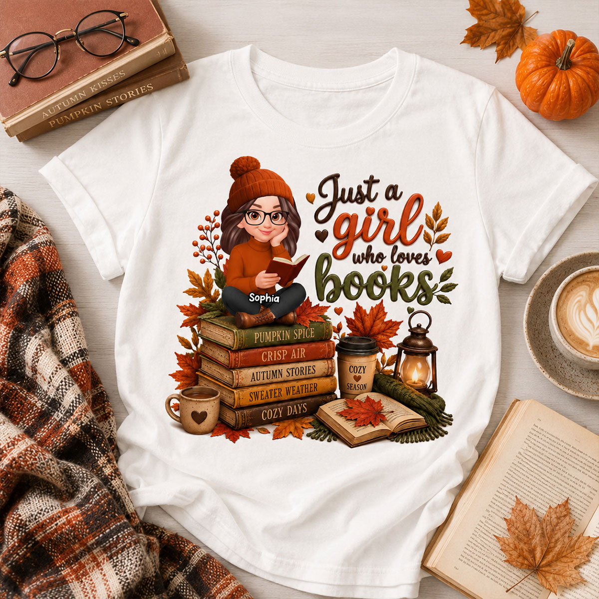 Cozy Autumn Girl Who Loves Books - Personalized Shirt - Fall Season Gift, Gift For Book Lovers