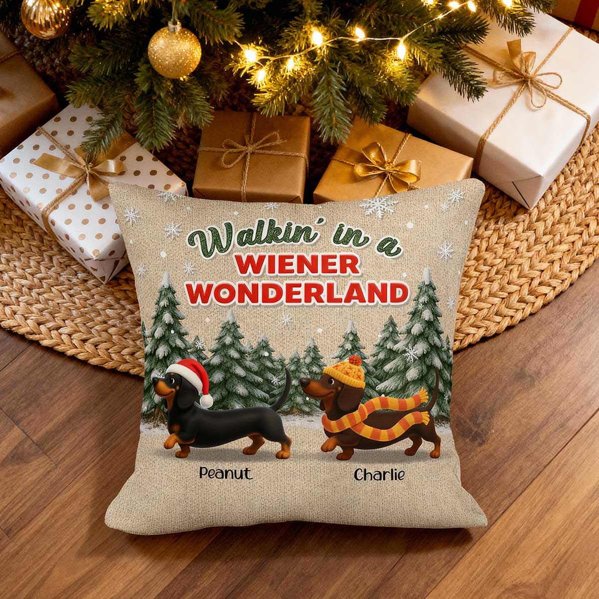 Christmas Dachshunds Walking In A Wiener Wonderland - Personalized Pillow - Gift For Dachshund Lovers