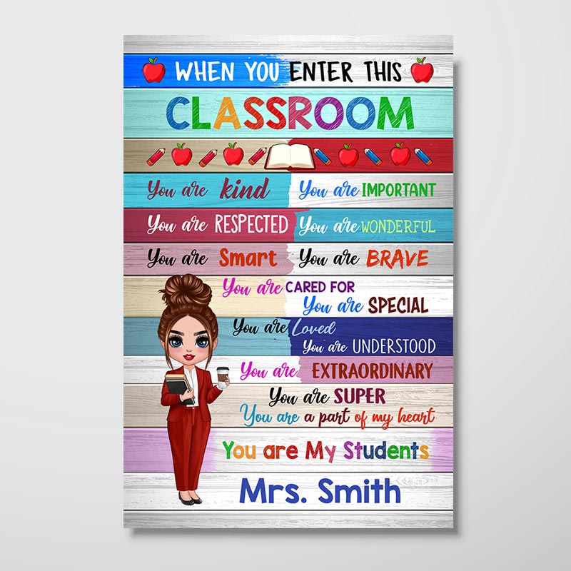Doll Teacher Wood Texture Classroom Welcome Personalized Vertical Poster