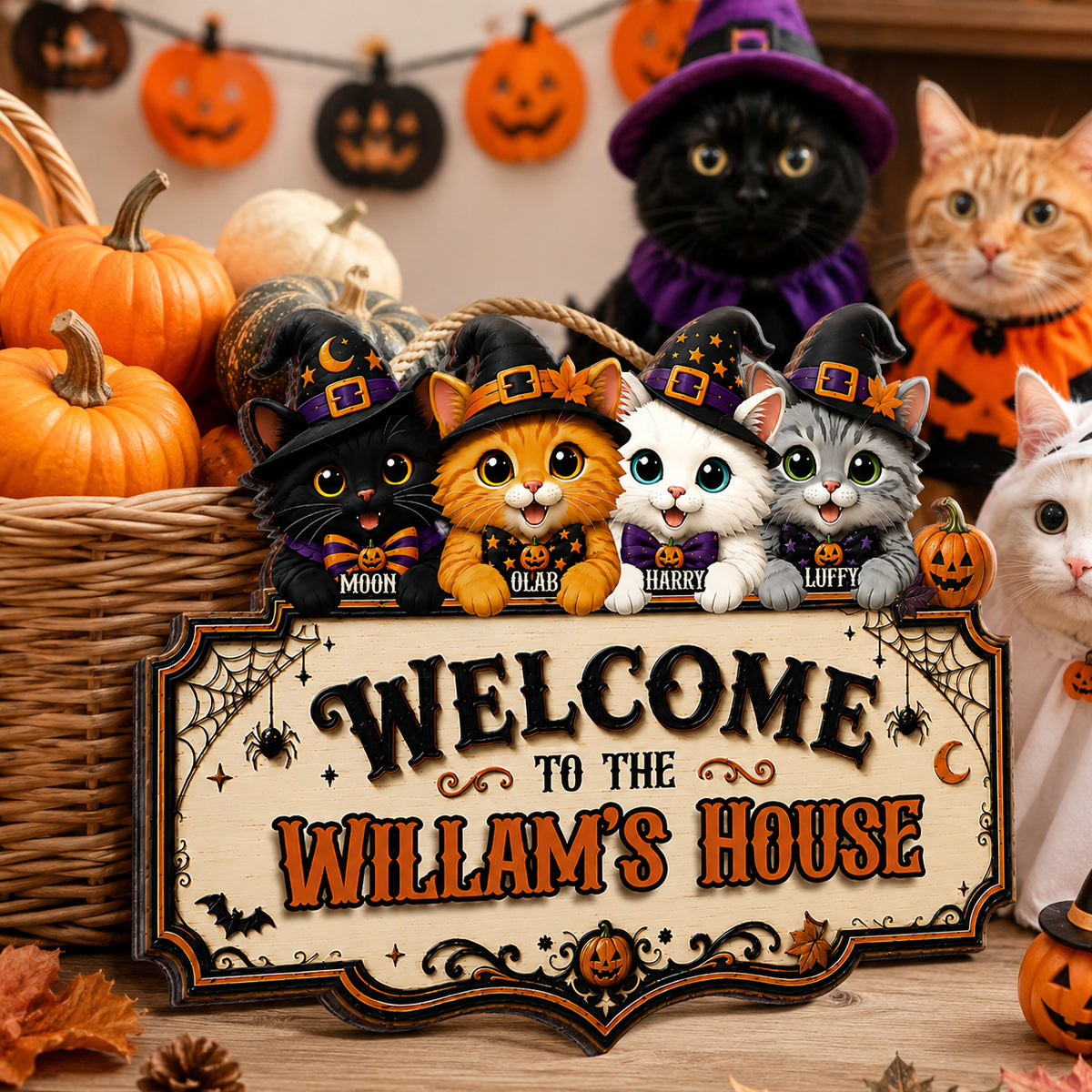 Welcome To Cat House Halloween - Personalized Door Sign - Halloween Decor Gift, Gift For Cat Lovers