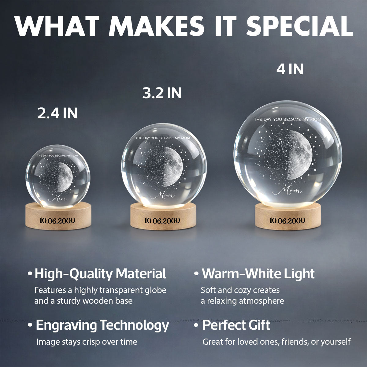 Custom Moon Phase and Star Map by Date - Personalized Crystal Ball LED Night Light - Mother's Day Gift for Mom, Wife