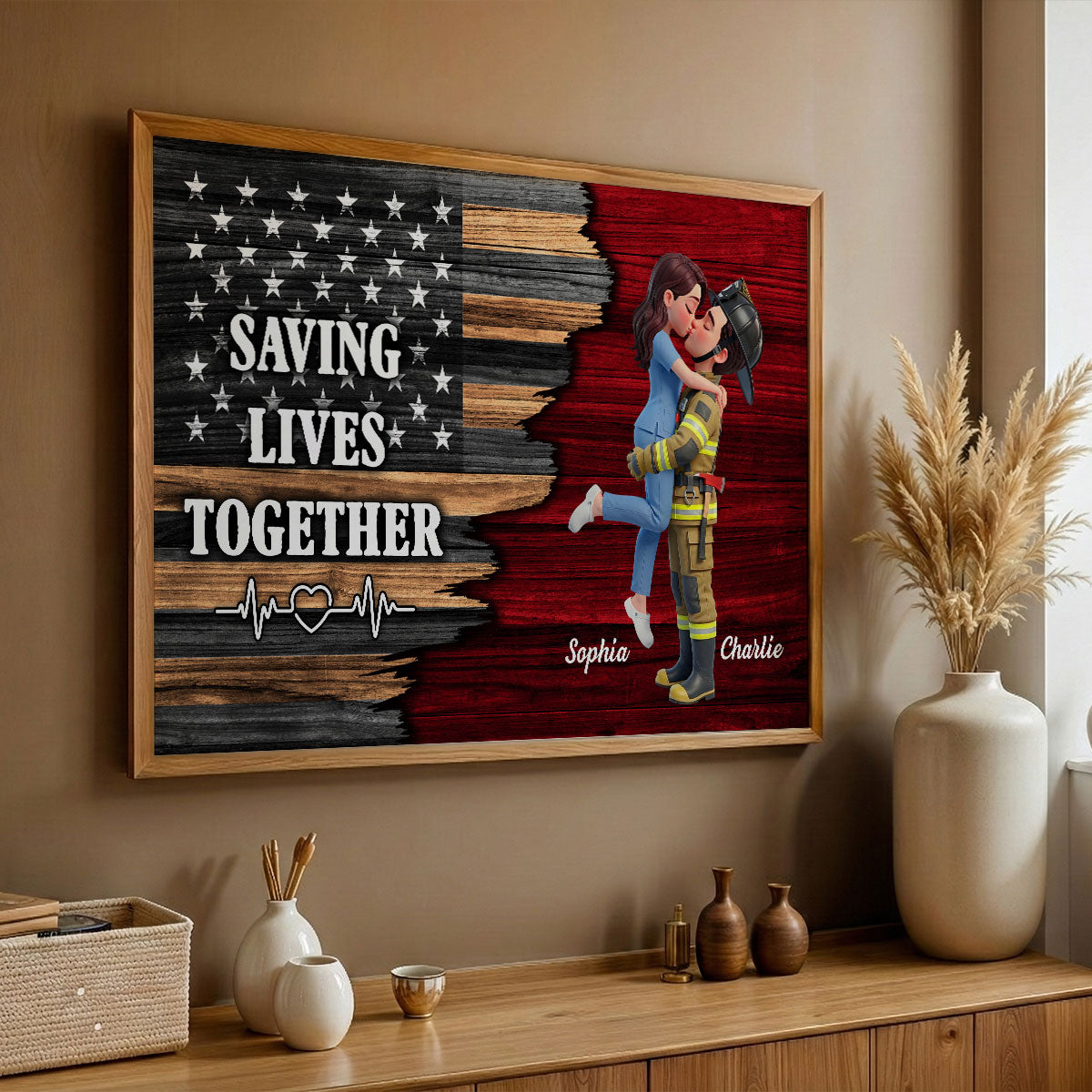 Proud Hero Couple Half Nation Flag - Personalized Poster - Valentine's Day Gift For Couple, For Him, For Her, Nurse, Police, Firefighter, Army