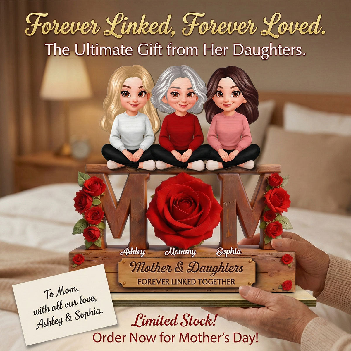 Beautiful Roses MOM And Daughters Sons - Personalized 2-Layered Wooden Plaque - Gift For Mom