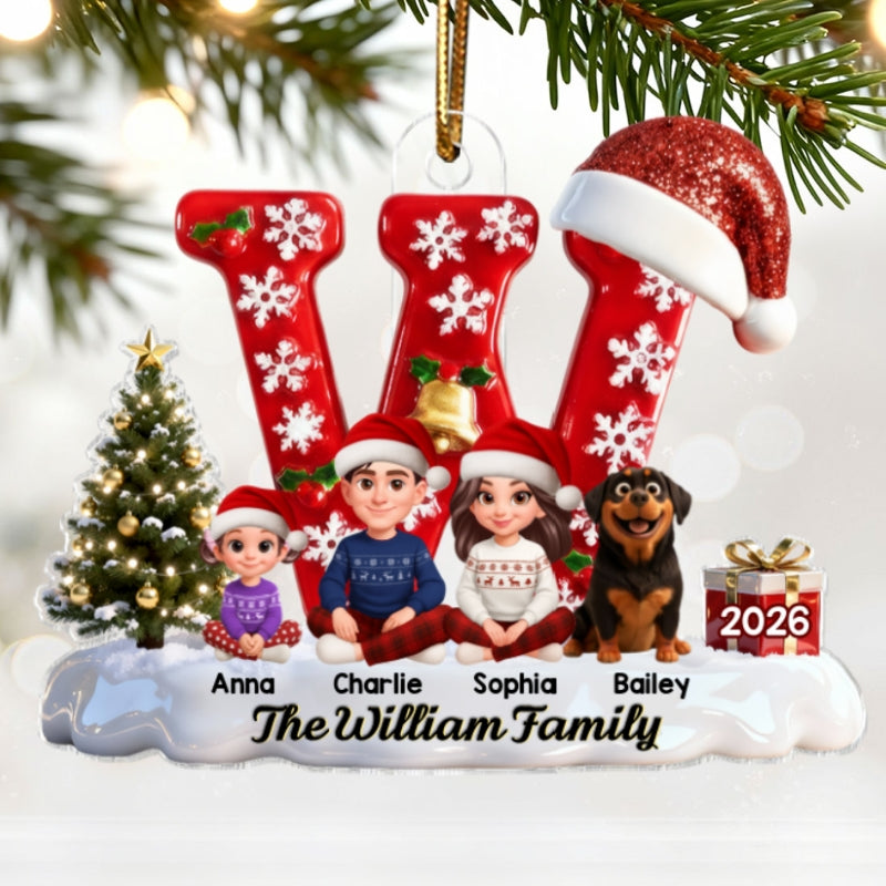 3D Effect Christmas Festive Family Name Initial Beautiful Family Together - Personalized Acrylic Ornament - Gift For Family