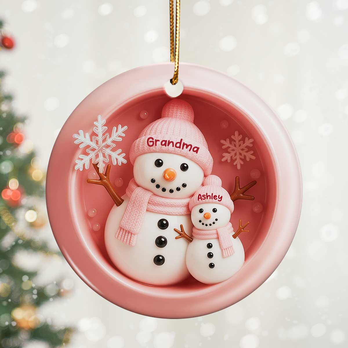 3D Effect Snowman Grandma Granddaughter Grandson - Personalized Ceramic Ornament