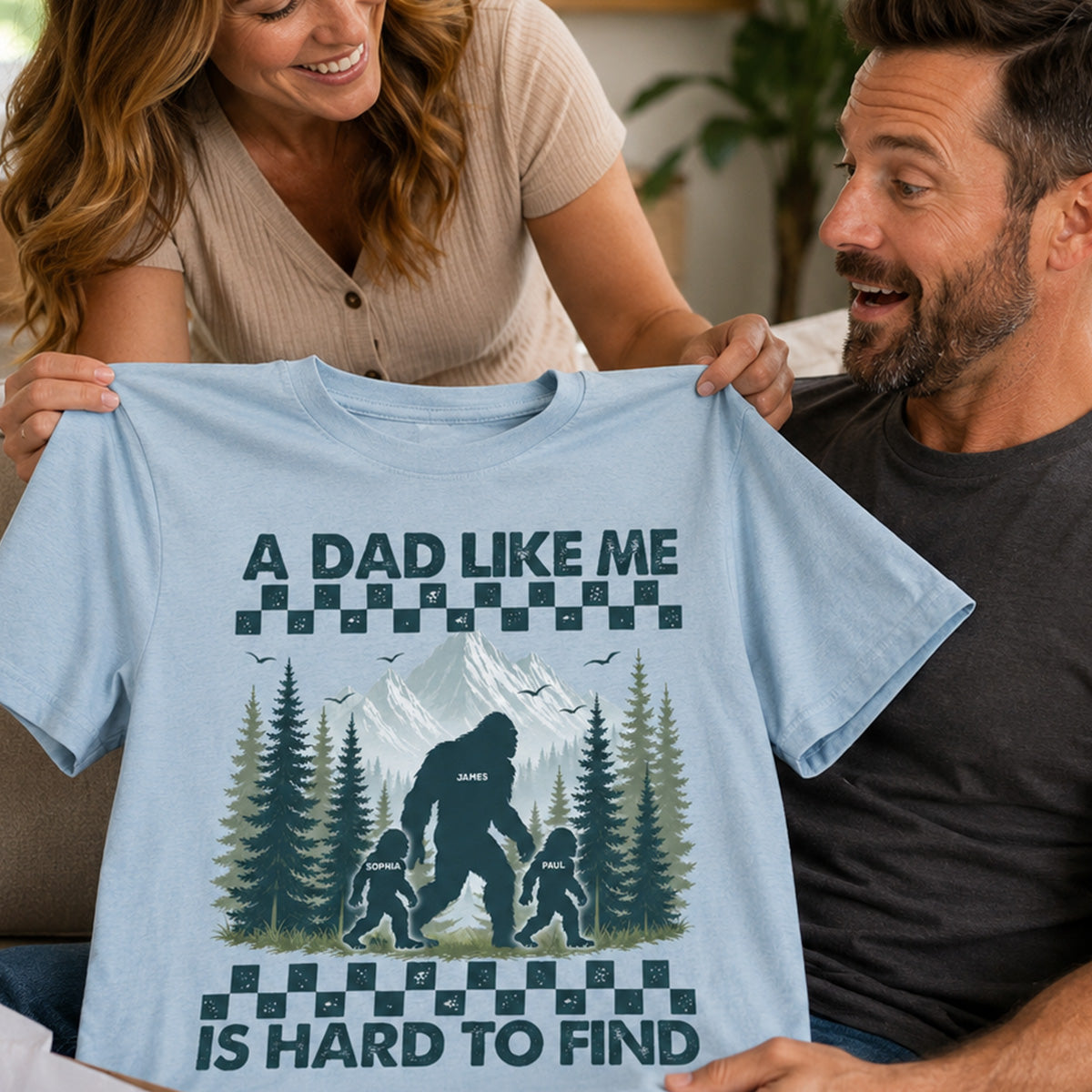 Retro Funny Bigfoot Dad With Kids Names - Personalized Shirt - Father's Day Gift for Dad