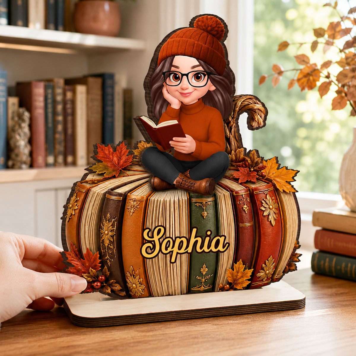 Fall Season Pumpkin Books - Personalized 2-Layered Wooden Plaque - Fall Gift For Book Lovers, Girl, Daughters
