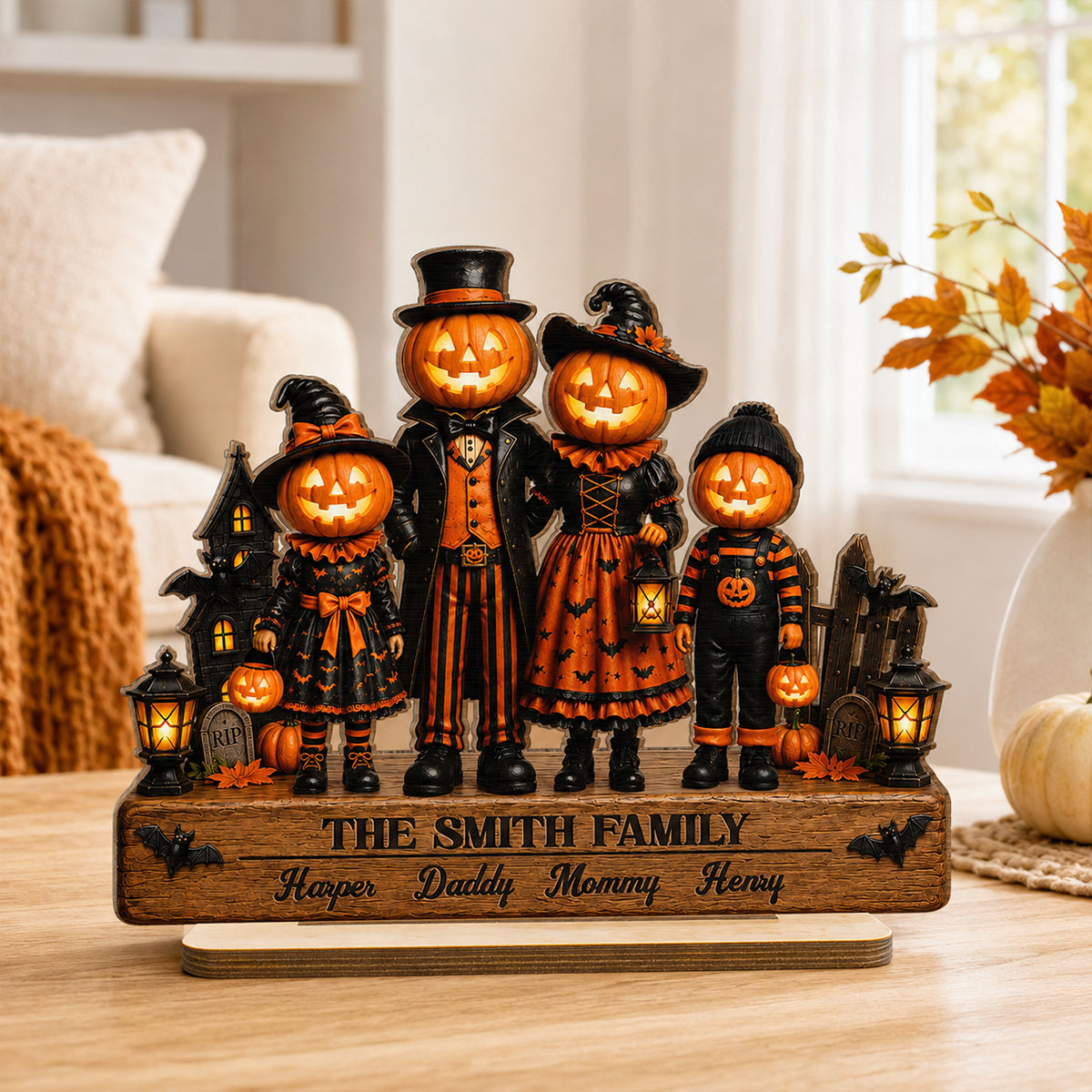 Halloween Jack-o'-lantern Family 2D Flat - Personalized Wooden Plaque
