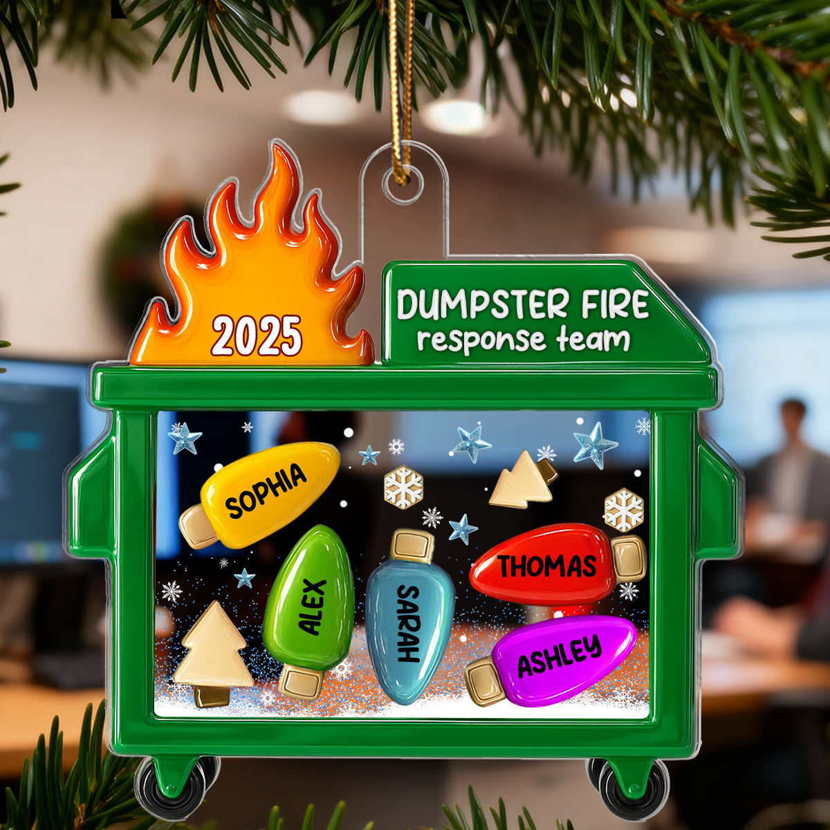 3D Effect Dumpster Fire Best Team Ever - Personalized Acrylic Ornament - Funny Gift For Coworkers, Work Besties