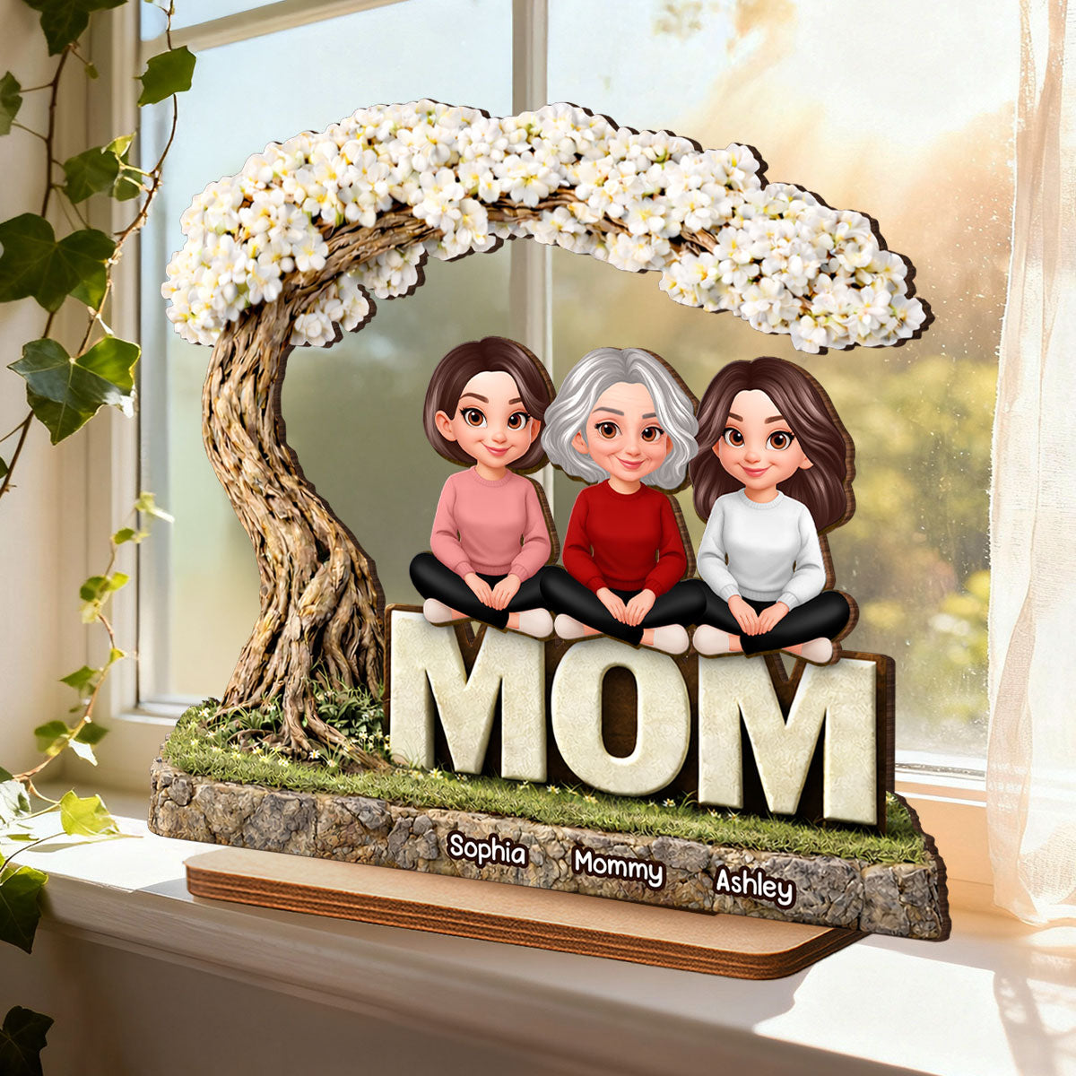 Mom And Her Kids Under The Tree - Personalized 2-Layered Wooden Plaque - Heartfelt Gift For Mom, Grandma