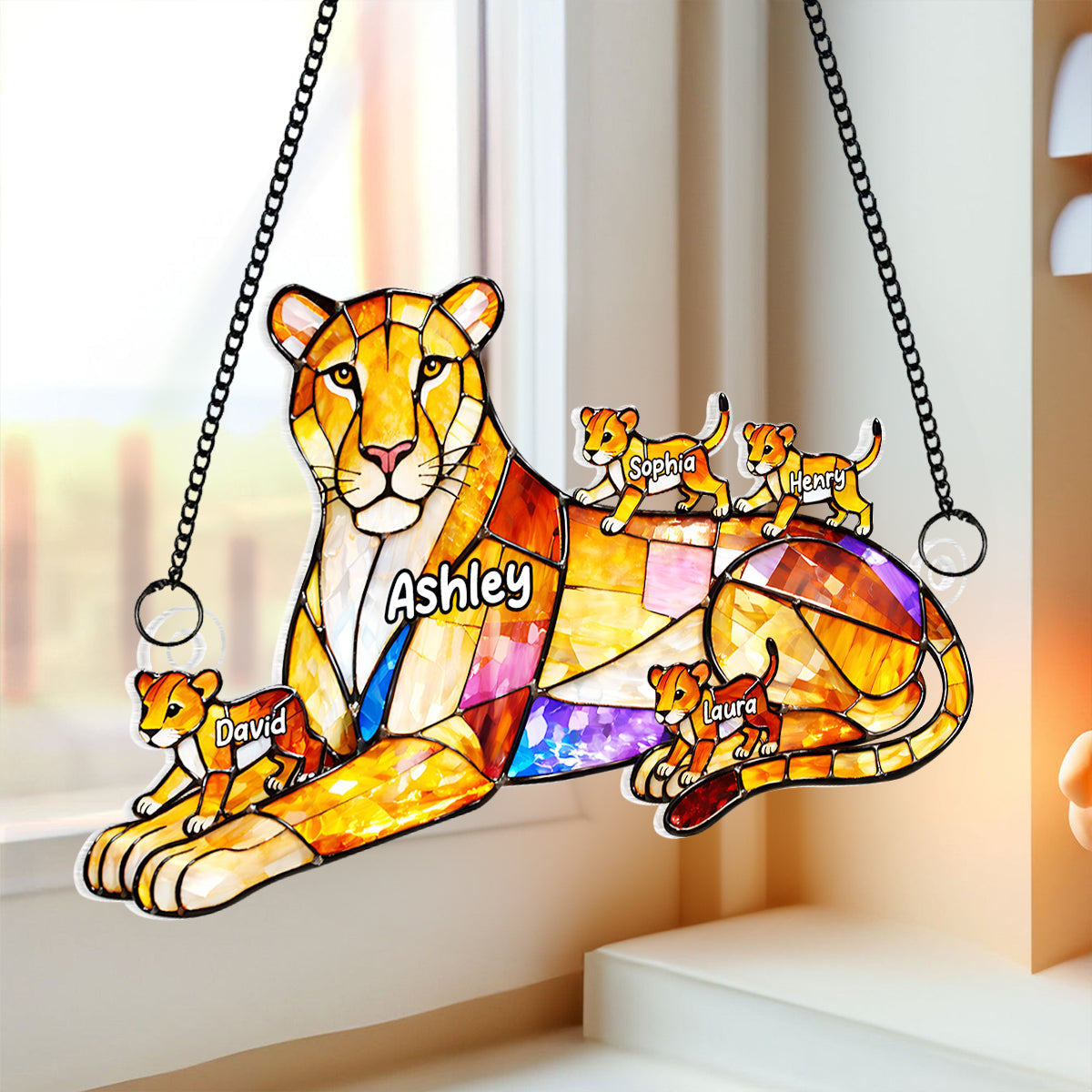 Lion Mom And Kids - Personalized Suncatcher - Gift For Mom, Grandma