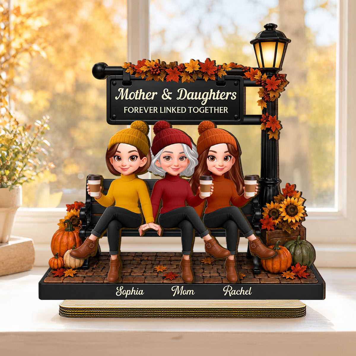 Fall Season Lamp Post Mom And Daughters - Personalized 2-Layered Wooden Plaque - Fall Gift For Mom, Daughters