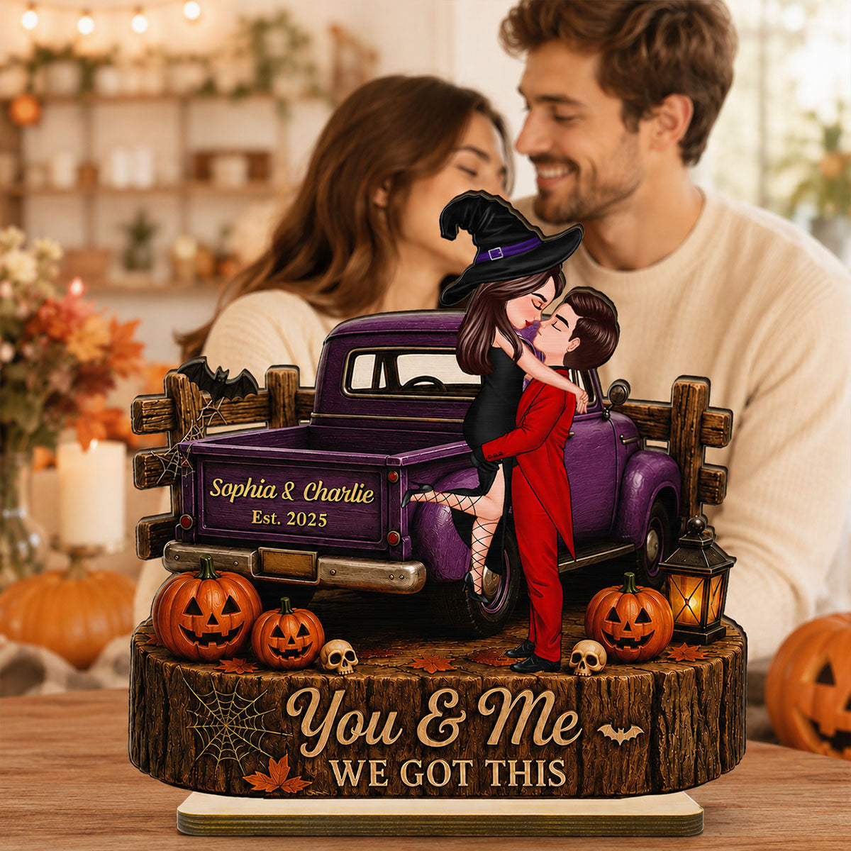 Spooky Halloween Couple Kissing - Personalized 2 Layered Wooden Plaque - Gift For Couple, Him, Her