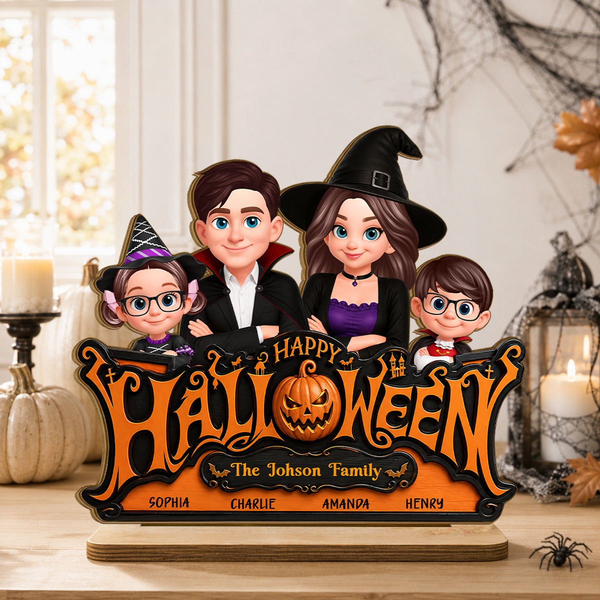 Happy Halloween Jack O Lantern Family - Personalized 2-Layered Wooden Plaque - Trendy Fall Halloween Decor