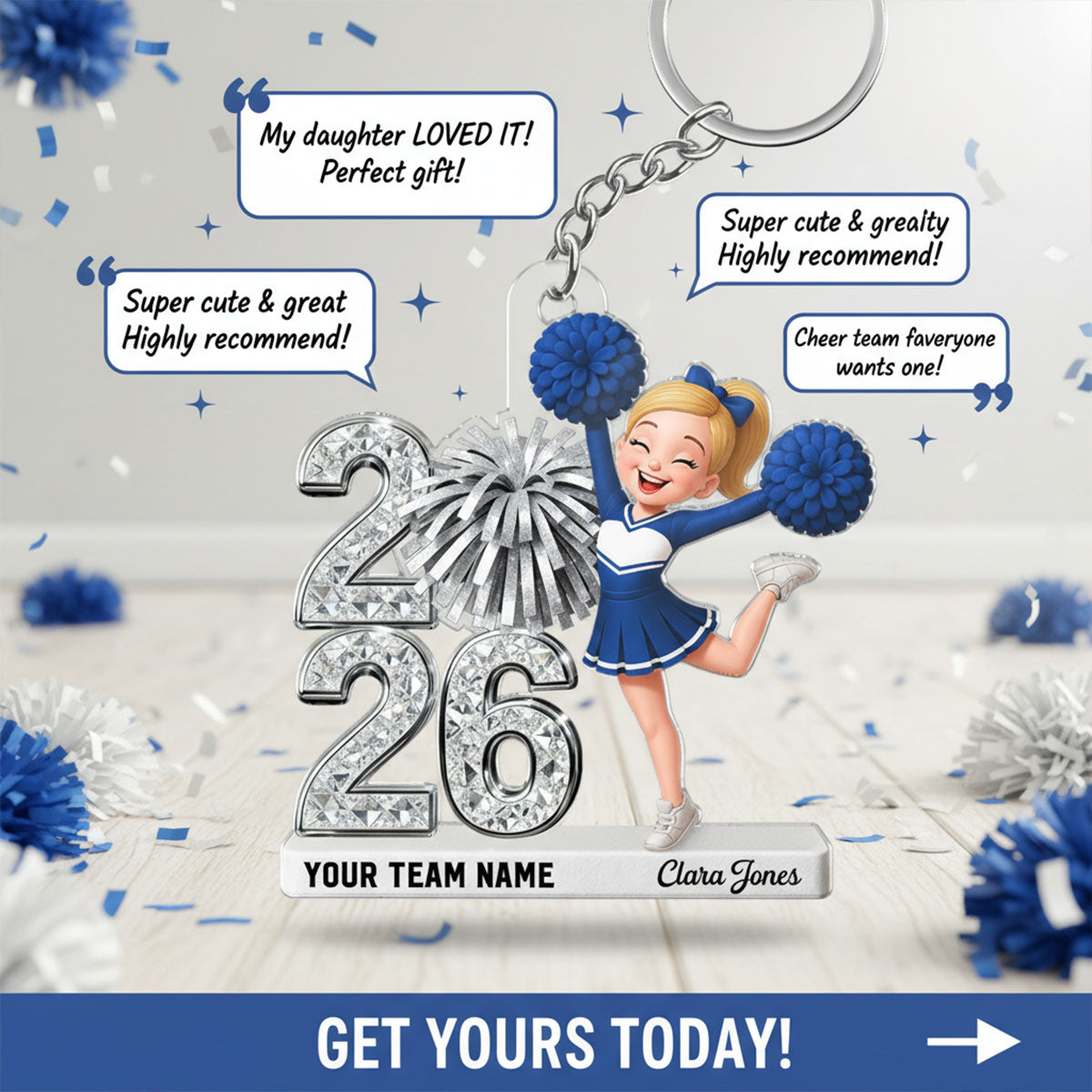 3D Shiny Effect Cheerleader With Year - Personalized Acrylic Keychain - Gift For Daughter, Granddaughter