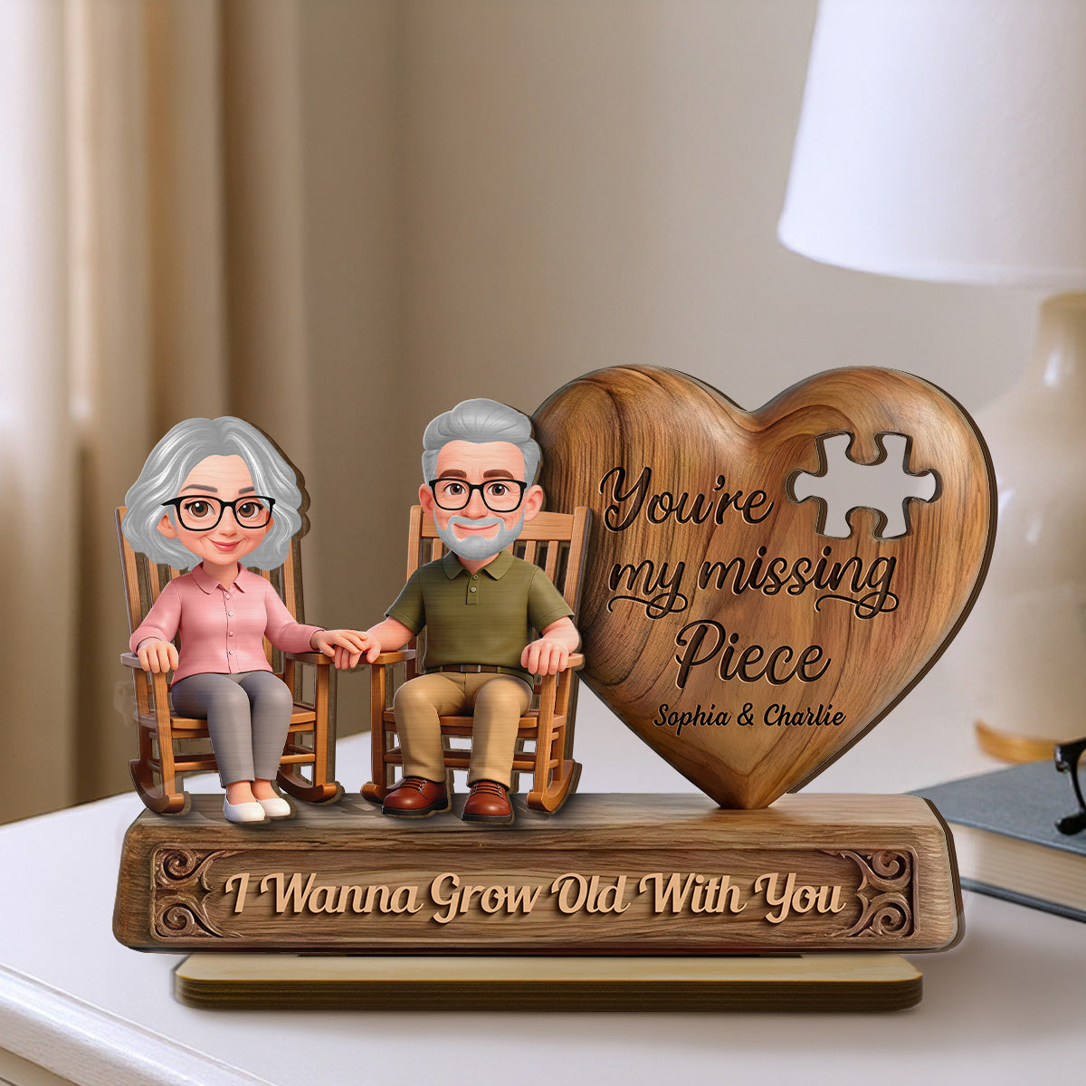 3D Effect Old Couple Sitting On Rocking Chair My Missing Piece - Personalized 2-Layered Wooden Plaque