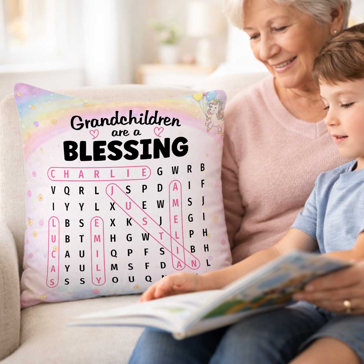Grandchildren Are A Blessing Word Search Puzzle - Personalized Pillow - Heartfelt Gift for Grandma
