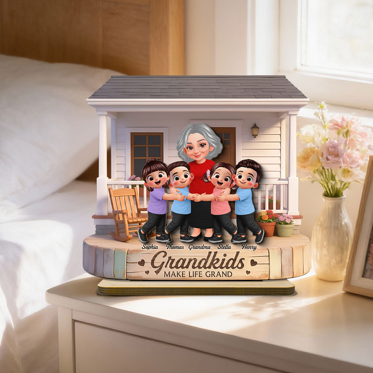Grandma And Grandkids Happy Together At Front Porch - Personalized 2-Layered Wooden Plaque - Gift For Grandma