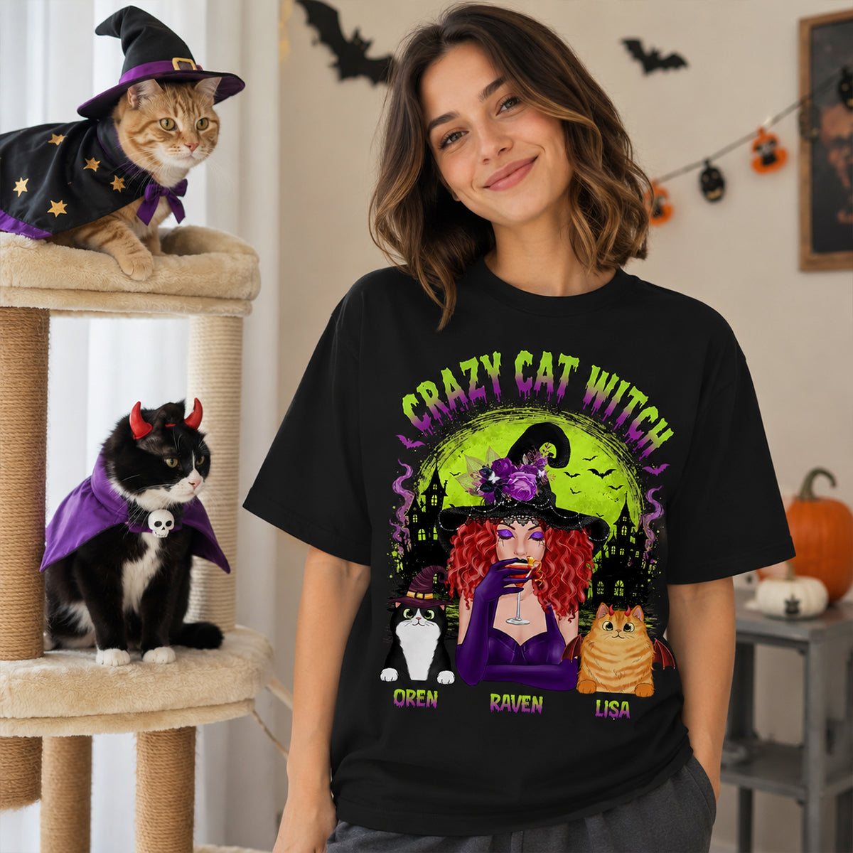 Crazy Cat Witch - Personalized Shirt - Halloween Gift for Cat Moms, Cat Lovers