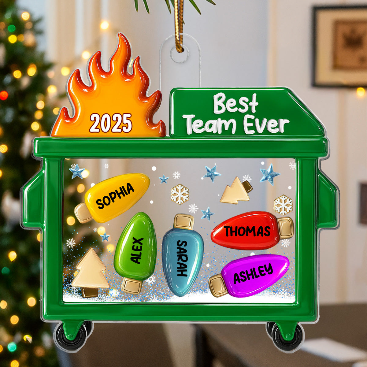 3D Effect Dumpster Fire Best Team Ever - Personalized Acrylic Ornament - Funny Gift For Coworkers, Work Besties