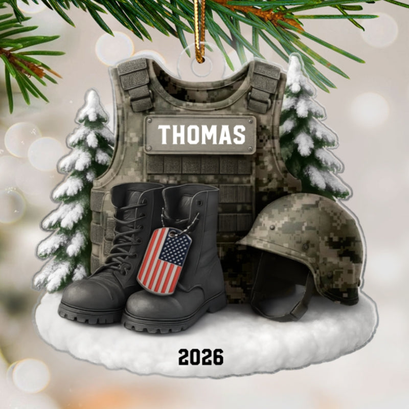 3D Effect Military Uniform Boots And Helmet - Personalized Acrylic Ornament