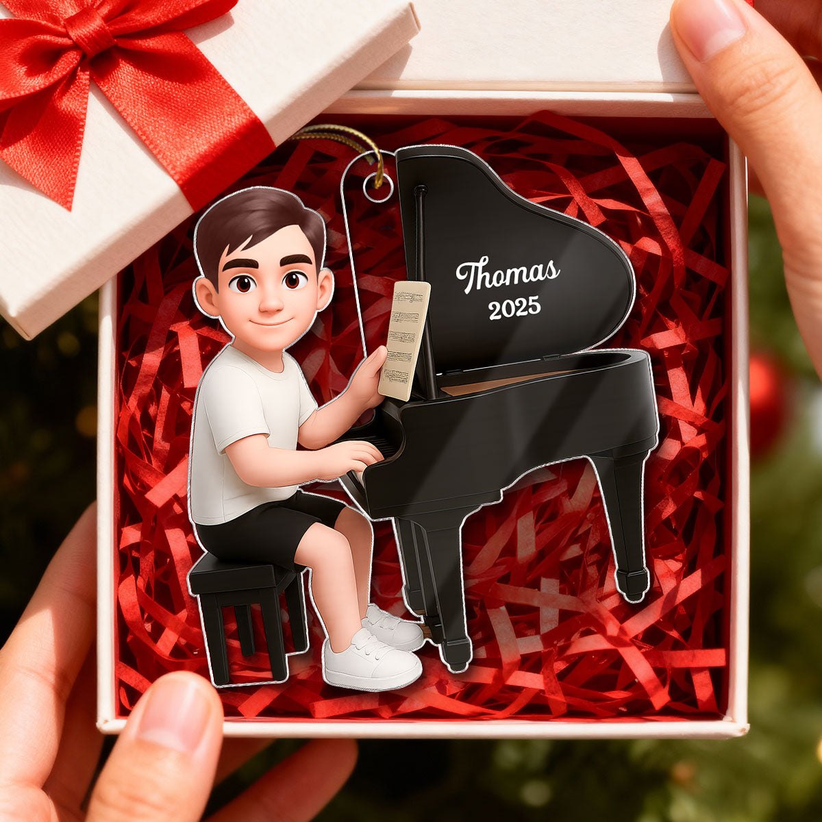 Christmas Girl Boy Playing Piano - Personalized Acrylic Ornament - Gift For Pianists, Performers, Piano Lovers