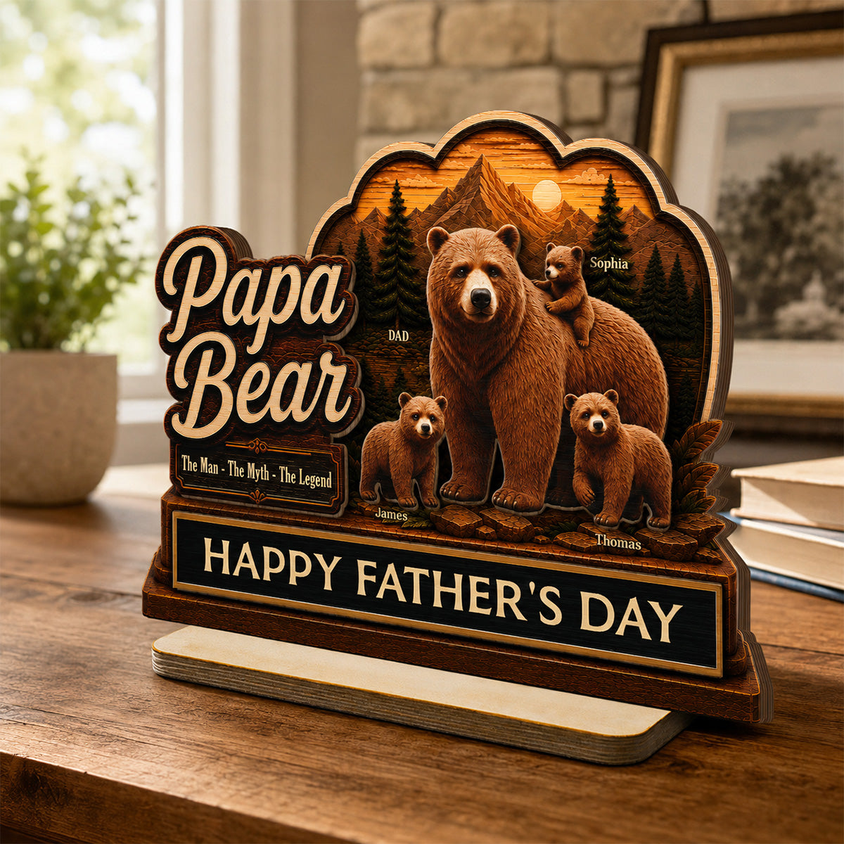 Papa Bear The Man The Myth The Legend 2D Flat - Personalized 2-Layered Wooden Plaque -  Gift For Husband, Dad