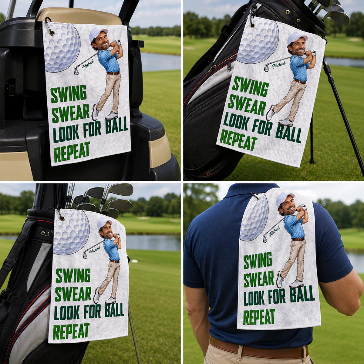 Swing Swear Look For Ball Repeat Funny Golfer Caricature Style Custom Photo - Personalized Golf Towel - Father's Day Gift For Golfers