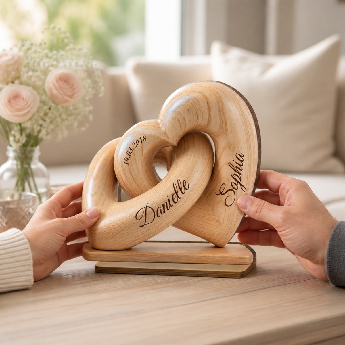 Interlocked Hearts Couple 2D Flat Plaque - Personalized 2-Layered Wooden Plaque - Gift for Him, for Her