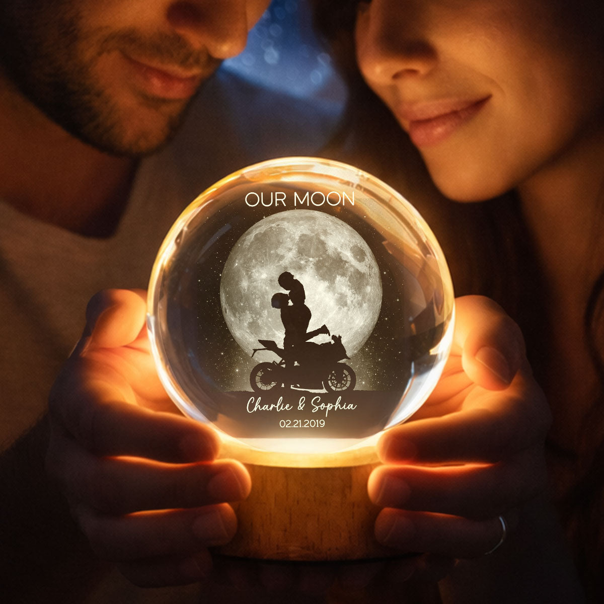 Biker Couple Kissing in the Moonlight, Custom Moon Phase by Date - Personalized Crystal Ball LED Night Light - Heartfelt Valentine's Day Gift for Her, for Him